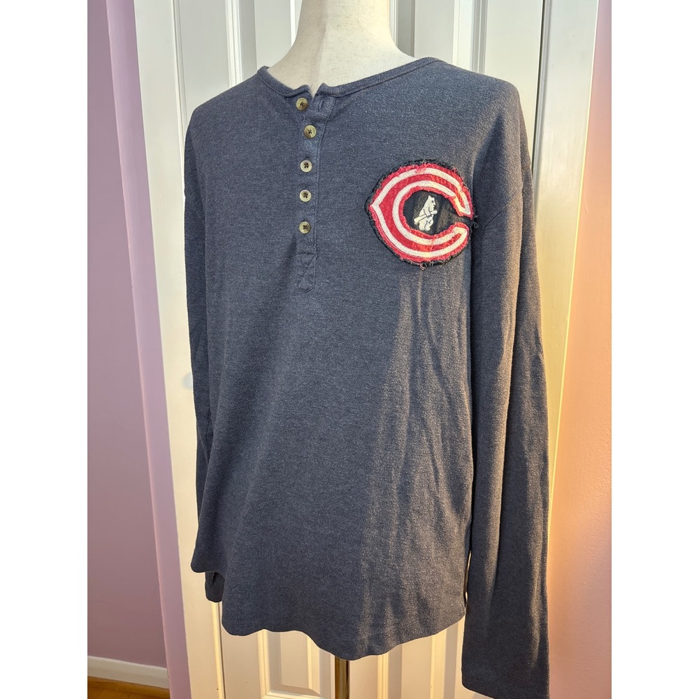 Chicago Cubs Henley Shirt Mens Large Blue Long Sleeve Distressed Bear Logo Patch